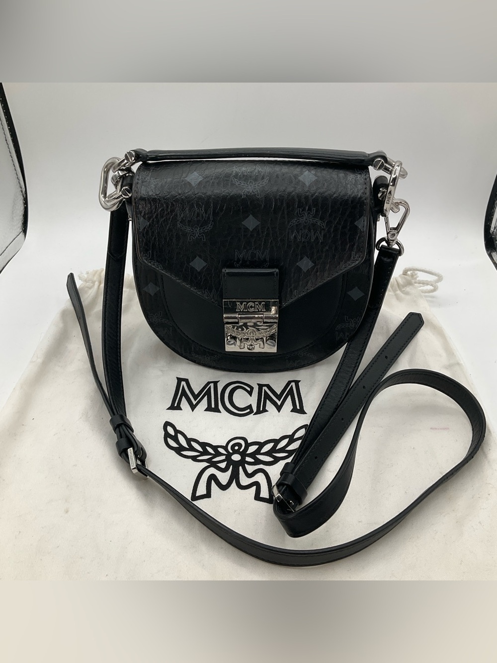 MCM Patricia Visetos Mini Shoulder Bag Black Monogram Coated Canvas Leather